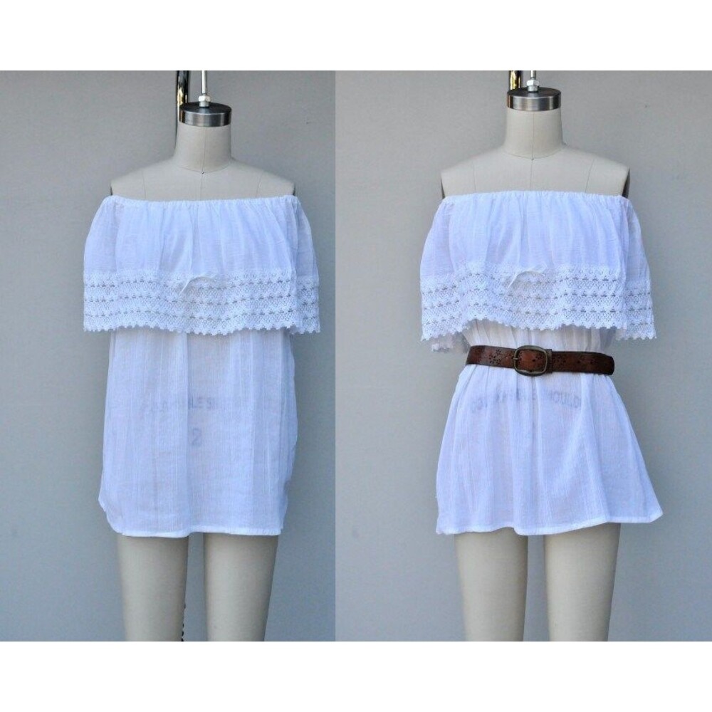 White Over the shoulders Off The Shoulders Top Mexican Boho Prairie Peasant